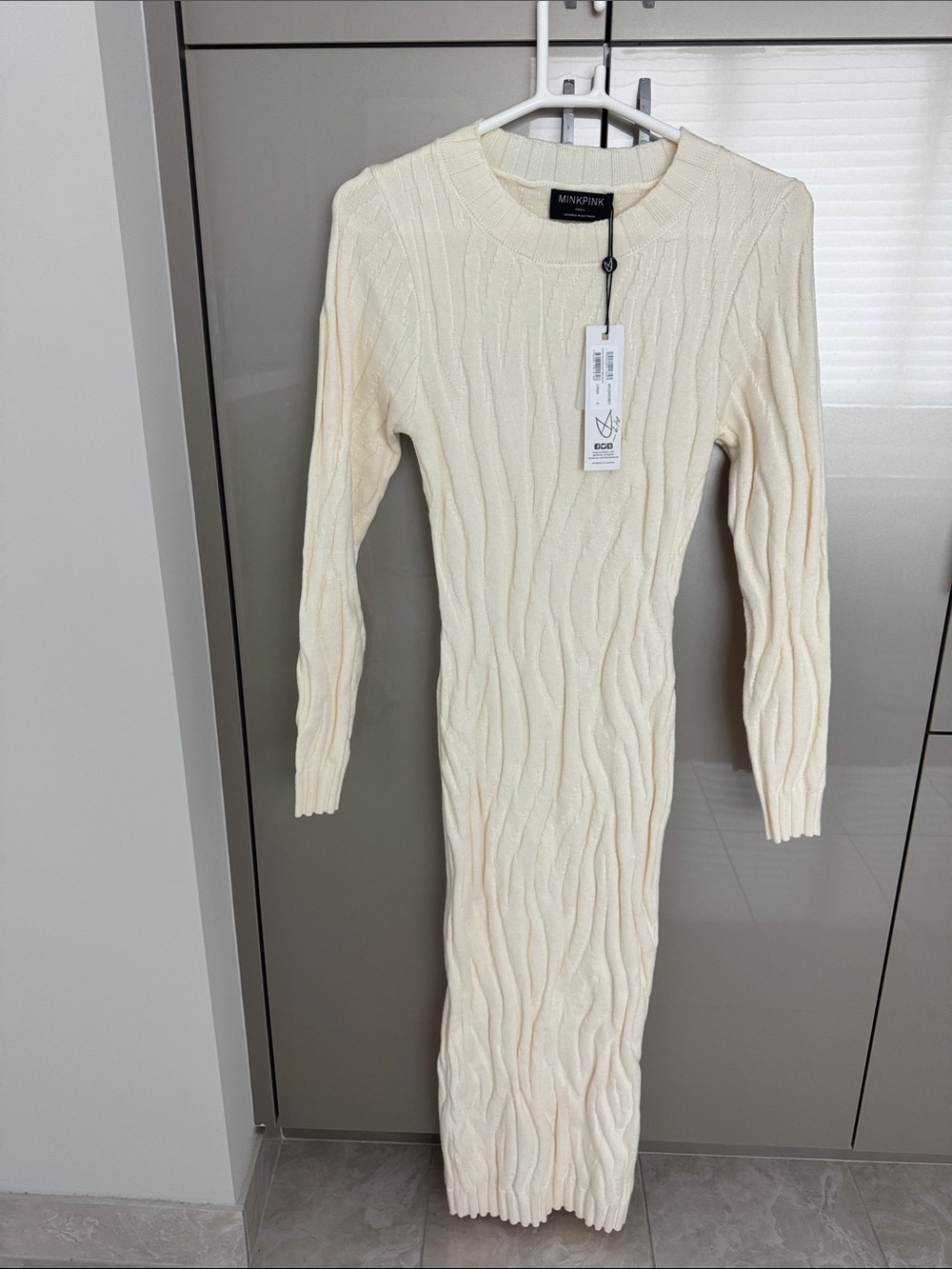 MINKPINK Cream Cable Knit Long Sleeve Midi Dress